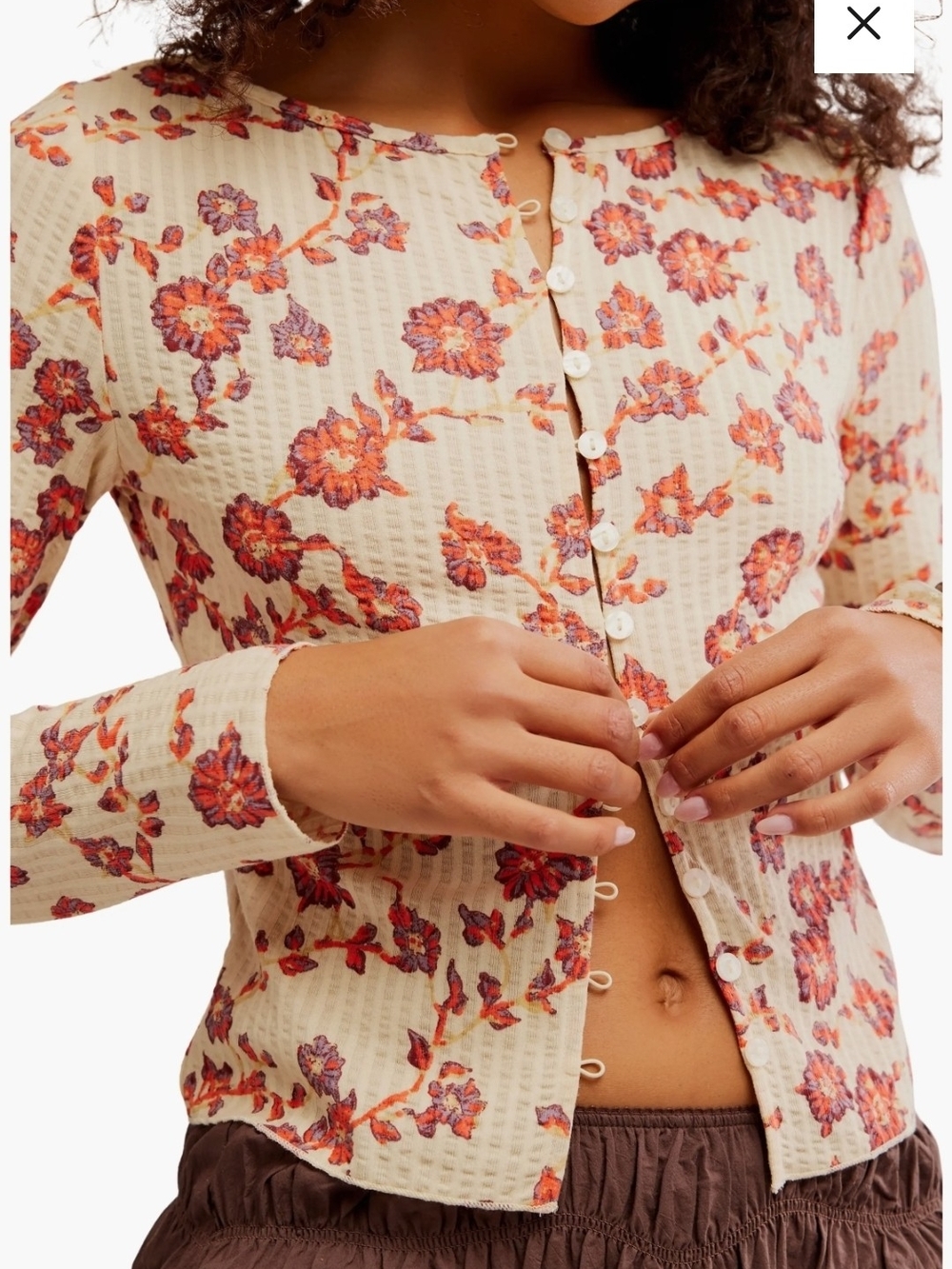 Free People Tilly Cotton Seersucker Floral Fitted Cardigan Top Size Large Cute